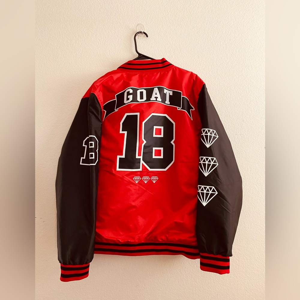 NWT Goat 18 Varsity Bomber Jacket Red Black "Greatest of All Time" Size L - Picture 2 of 8
